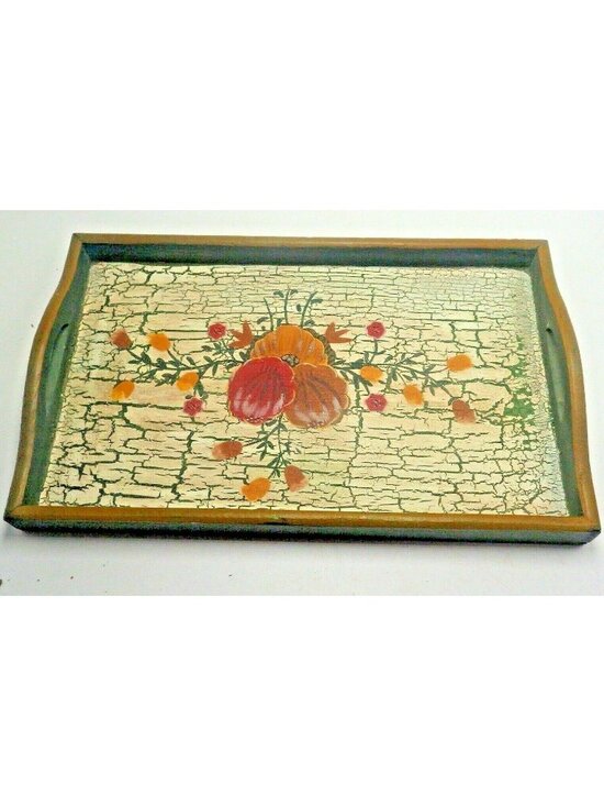 Handmade Other - Crackle Painted Floral Tole Painting wood Tray Green